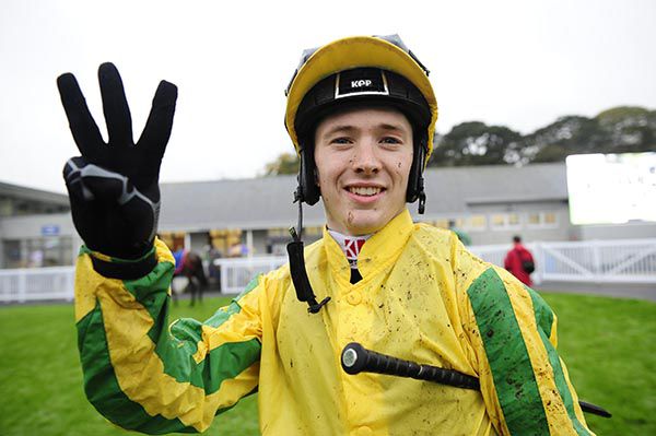 Colin Keane pictured after completing a treble at Naas last October on Mustajeer
