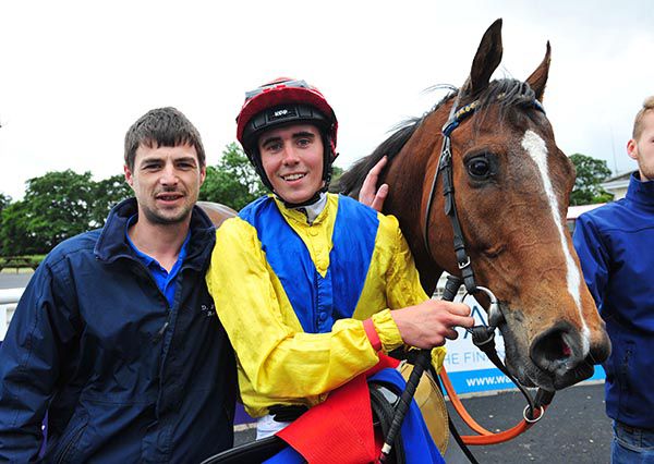 Stephen Mooney pictured with trainer Damian English after riding his first winner on Geological