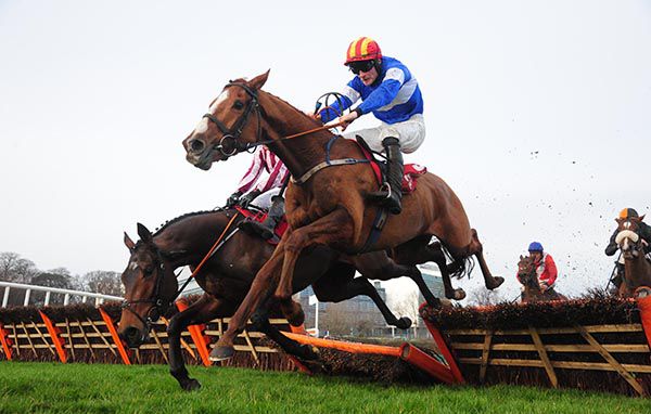 Rocky Blue (David Mullins) clears the last as Coeur Sublime is about to fall