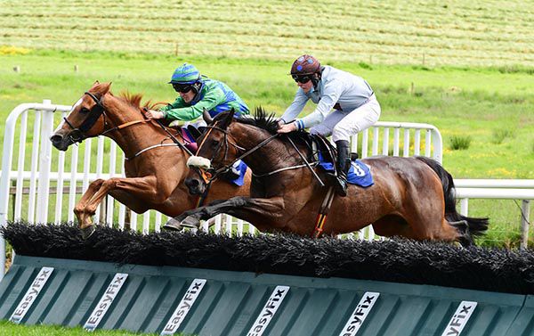 Icee M B A and Tom Hamilton (nearest) jump the last upsides runner-up Natural Breeze
