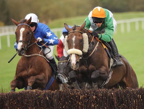 Ardglen & Brian Hayes (right) jumping a fence during the race with Island Peak alongside