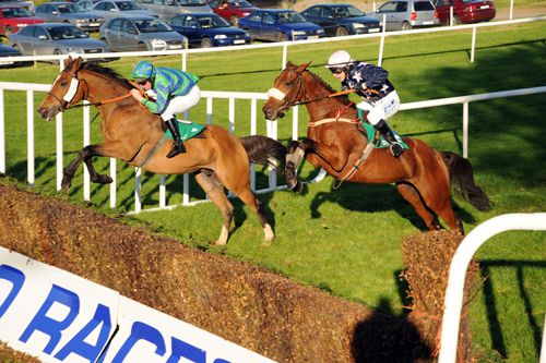 Westmeath Bachelor and Barry Cash clearing the last fence just in front of Second Glance