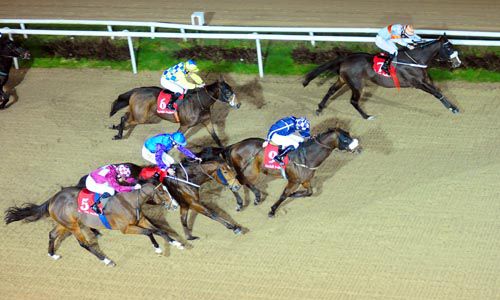 Trotting Weasel (on the rail) hits the front close home