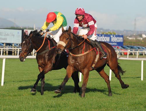 Sizing Europe (left) is headed close home by Quito De La Roque in the jnwine.com Champion Chase at Down Royal