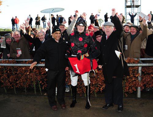 Trainer Oliver Brady (right) celebrates afterwards with rider Ger Fox