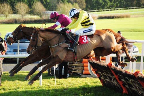 Make A Track (Davy Russell) far side and Ceol Rua (Ruby Walsh) fly the last together