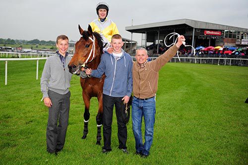 From left to right; Killian Forde, Golden Kite with Jody McGarvey in the saddle, Finian Maguire and Adrian Maguire