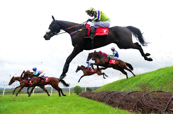 Horses clearing a bank at Punchestown