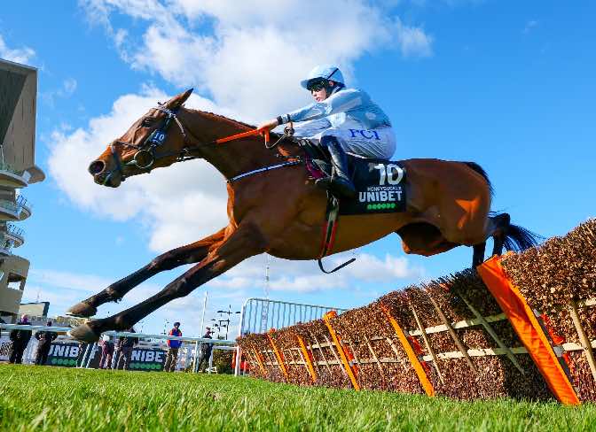 Honeysuckle and Rachael Blackmore clear the final flight at Cheltenham