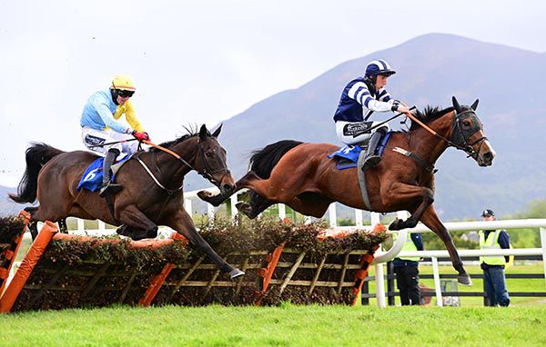 Snugsborough Hall and Eoin Walsh (right) jump the last ahead of Definite Pan
