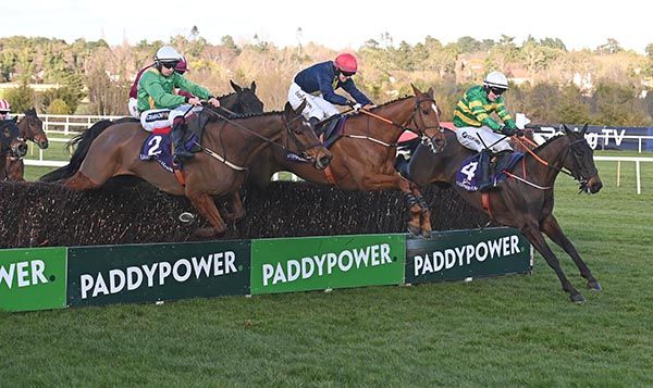 Fighting Fit and Luke Dempsey (right) win from Kalkas (centre) as Bythesametoken and Conor Orr (near) fall 