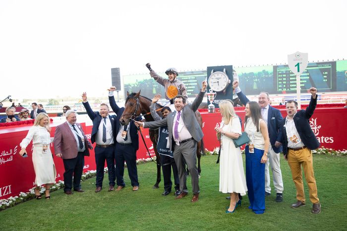 Connections celebrate after A Case Of You's win in the Al Quoz Sprint