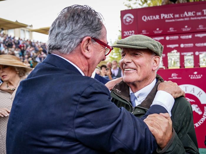 Sir Mark Prescott with Jean Claude Rouget after his Prix De LArc success