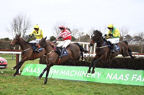 Left to right; Billaway, Grange Island and Le Malin jump the last together, with the former going on to prevail