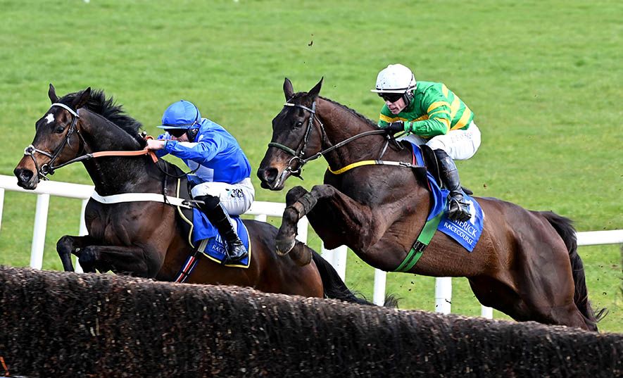 Thedevilscoachman (right) in action at Limerick last month

