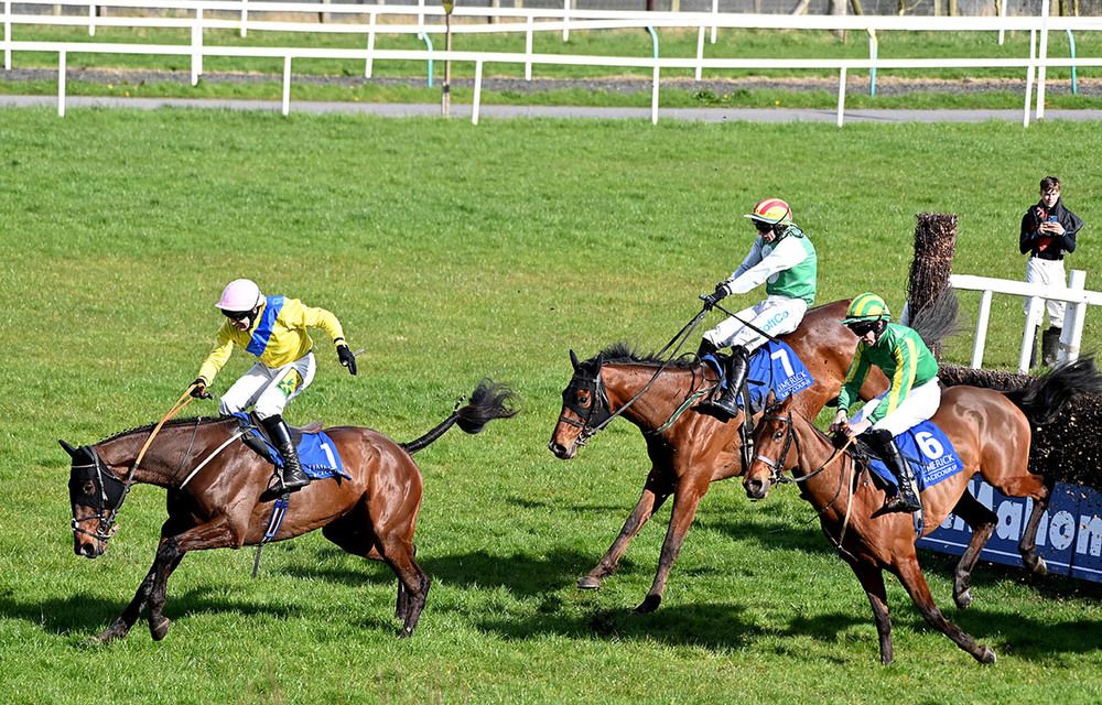 Happy Dreams (centre, 7) jumps the last behind leader Take All