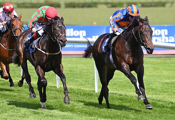 Johannes Brahms and Seamie Heffernan right win the Irish Stallion Farms EBF Race from Tourist left Healy Racing Photo 