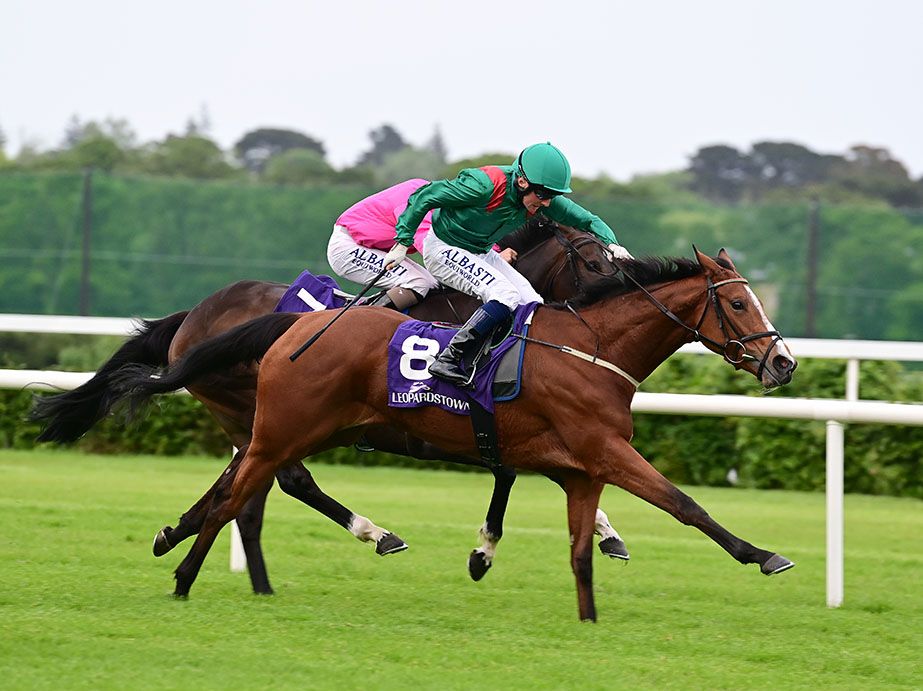 Shamida and Chris Hayes win the Leopardstown Fillies Maiden for trainer Dermot Weld. 