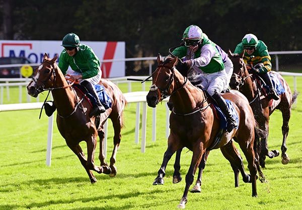 Teed Up (right) and Ray Barron winning at Galway on Monday