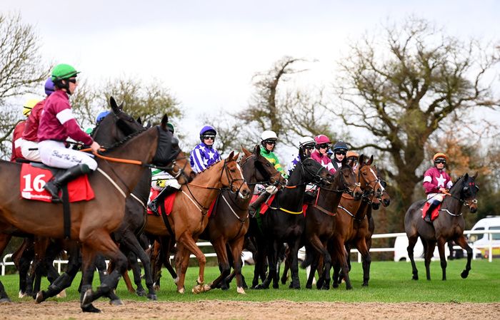 Runners and riders at the start of the Troytown Chase