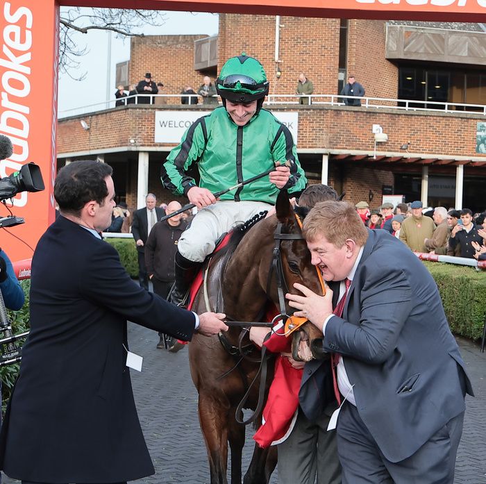 Shark Hanlon hugging Hewick after his King George victory