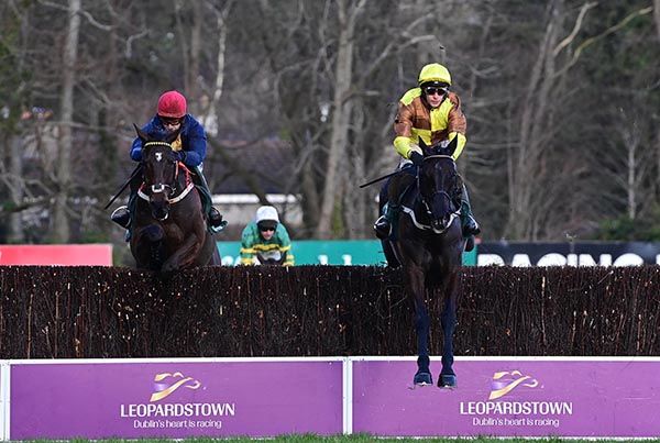 Fastorslow and Galopin Des Champs jumping the 2nd last fence at Leopardstown  
