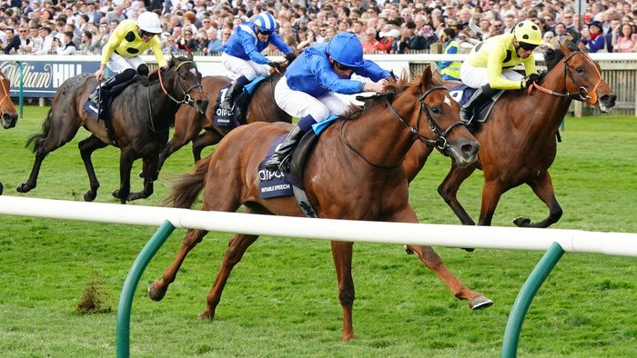 Notable Speech (nearest) and Rosallion (spotted cap) clash again at Ascot
