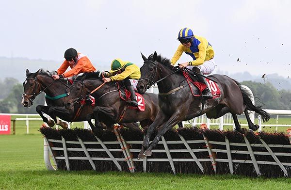 Noble Hilltop and Kieren Buckley (near side) come to challenge at the last 