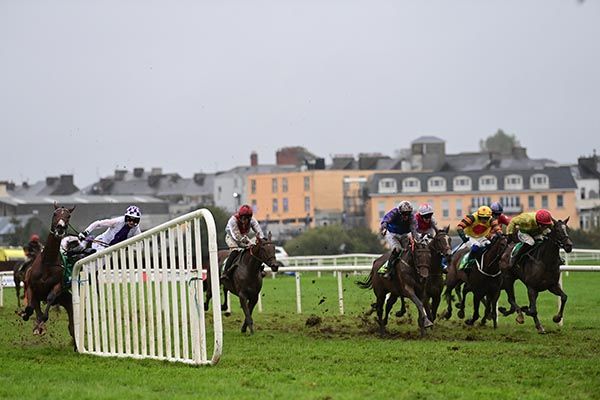 Rural Link runs out and dramatically unships Patrick Mullins, with Friary Road (far right) going on to score