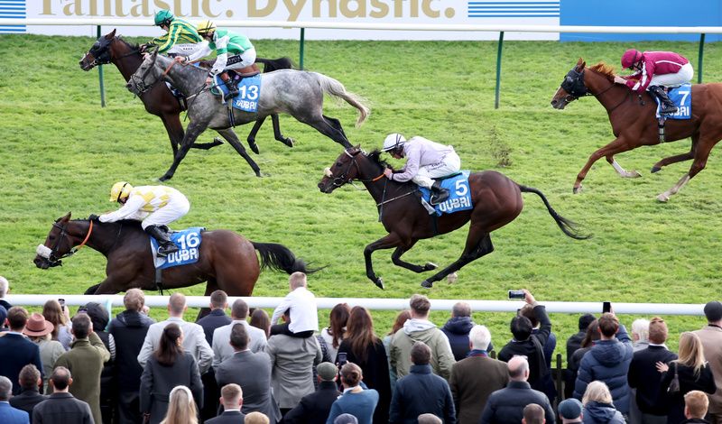 Alphonse Le Grande and Jamie Powell (yellow) winning at Newmarket